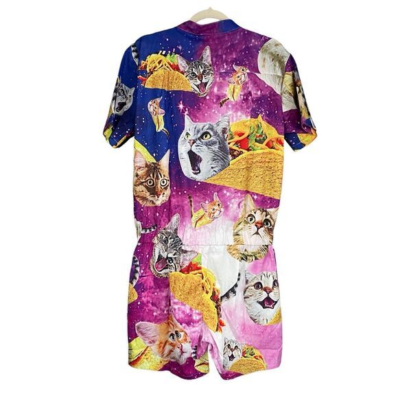 B6‎ Women's Galaxy Cat Print Playsuit Romper Shorts Blue Pink Size Medium - Picture 3 of 8